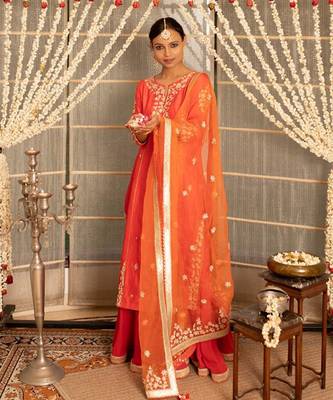 Tangerine orange modal silk kurta set 2