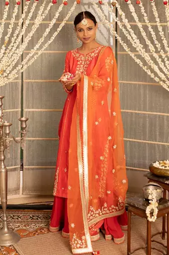 Tangerine orange modal silk kurta set