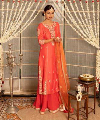 Tangerine orange modal silk kurta set 3