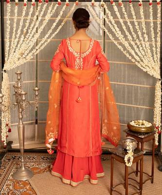 Tangerine orange modal silk kurta set 4