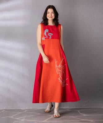 Cherry red & burnt orange cotton linen dress 1