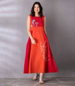 Cherry red & burnt orange cotton linen dress
