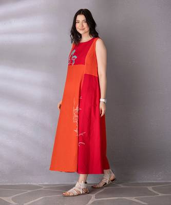 Cherry red & burnt orange cotton linen dress 2