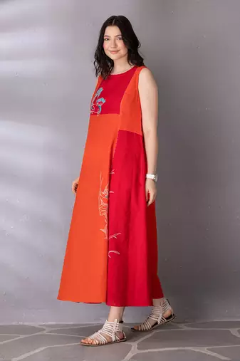 Cherry red & burnt orange cotton linen dress