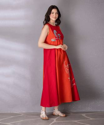 Cherry red & burnt orange cotton linen dress 3