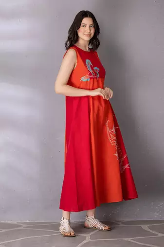 Cherry red & burnt orange cotton linen dress