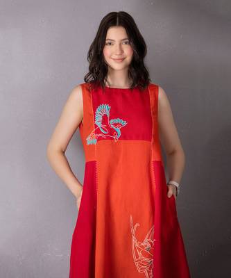 Cherry red & burnt orange cotton linen dress 4