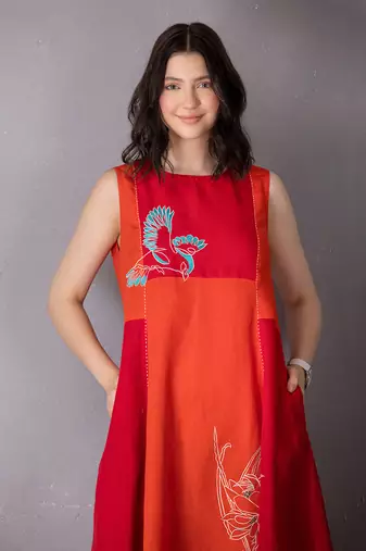 Cherry red & burnt orange cotton linen dress