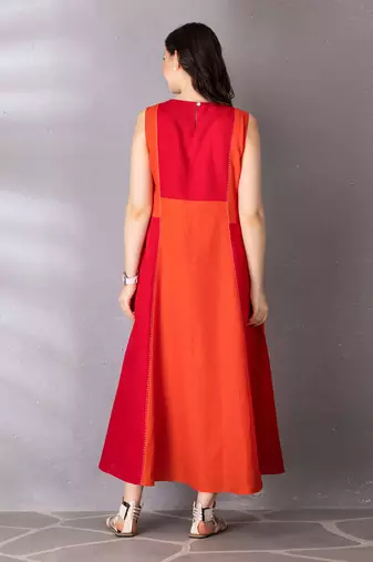 Cherry red & burnt orange cotton linen dress