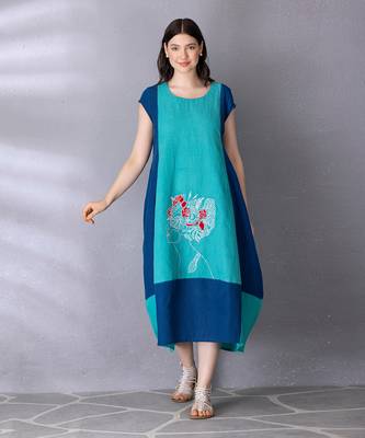 Turquoise cotton linen dress 1