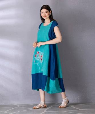 Turquoise cotton linen dress 2