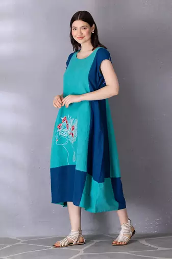 Turquoise cotton linen dress
