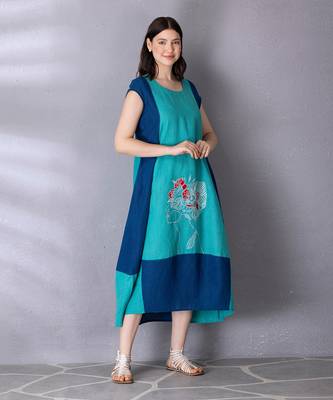 Turquoise cotton linen dress 3