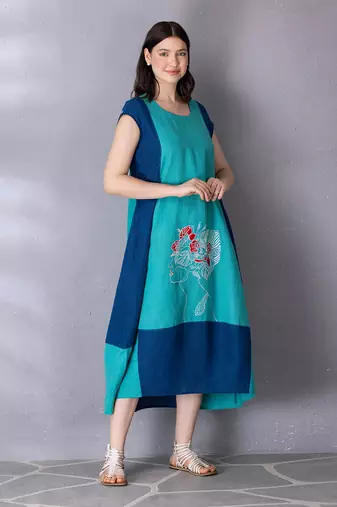 Turquoise cotton linen dress