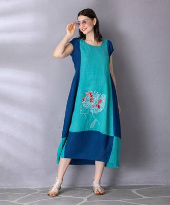 Turquoise cotton linen dress 4
