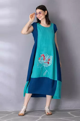 Turquoise cotton linen dress
