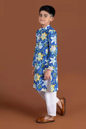 Royal blue block printed kurta set