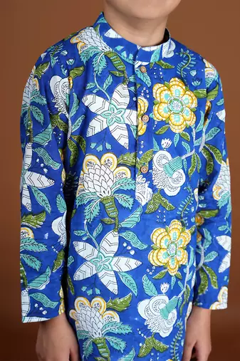 Royal blue block printed kurta set