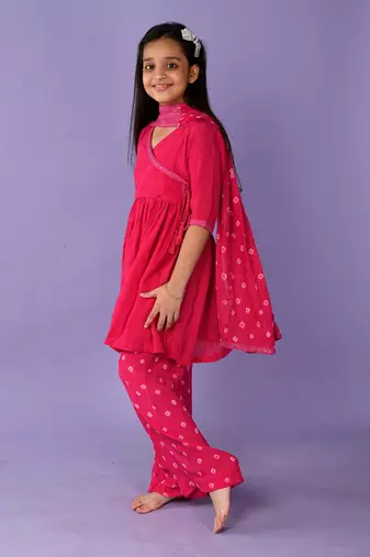 Hot pink bandhini angrakha set