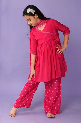 Hot pink bandhini angrakha set