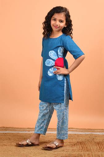 Teal applique flower suit set