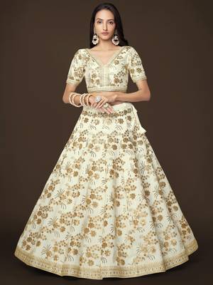  White Dori Zari And Sequins Embroidered Thai Silk Lehenga Choli Designs 5