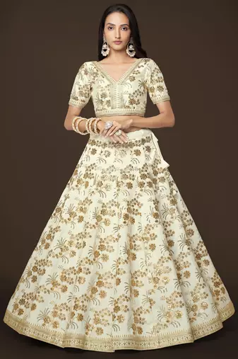  White Dori Zari And Sequins Embroidered Thai Silk Lehenga Choli Designs