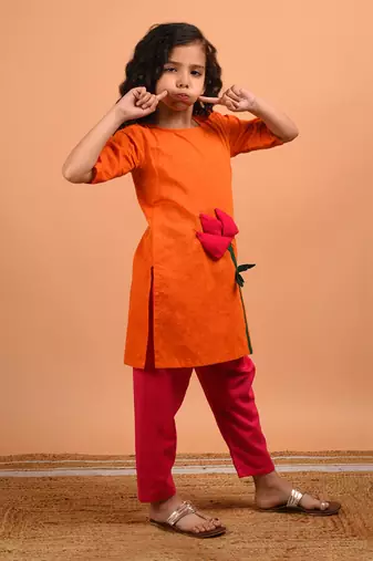 Orange pink lotus kurta set