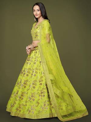 Seductive Neon Green Dori Zari And Sequins Embroidered Silk Indian Lehenga Choli Dress 4