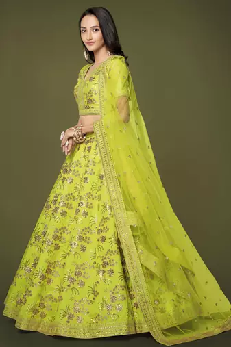 Seductive Neon Green Dori Zari And Sequins Embroidered Silk Indian Lehenga Choli Dress