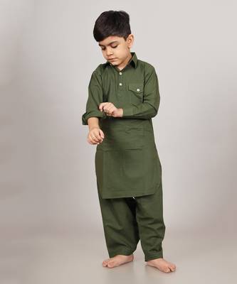Kalp Cotton Plain Green Kids Kurta Set for Festivals & Events 1