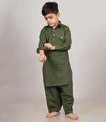 Kalp Cotton Plain Green Kids Kurta Set for Festivals & Events