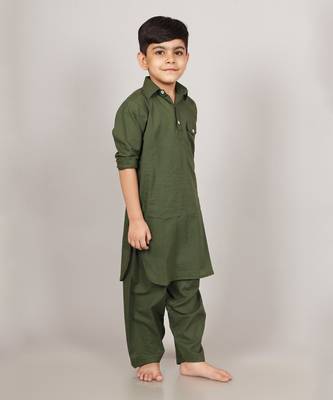 Kalp Cotton Plain Green Kids Kurta Set for Festivals & Events 2