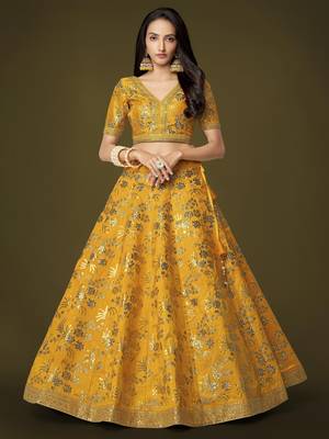 Mustard Dori Zari And Sequins Embroidered Thai Silk Wedding Lehenga For Bride 5