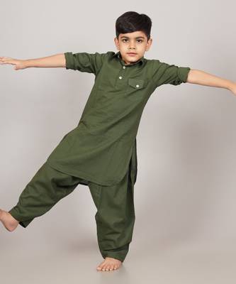Kalp Cotton Plain Green Kids Kurta Set for Festivals & Events 3