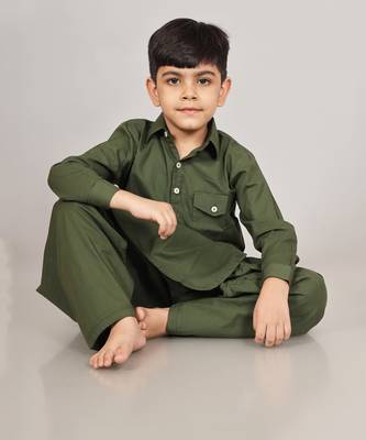 Kalp Cotton Plain Green Kids Kurta Set for Festivals & Events 4