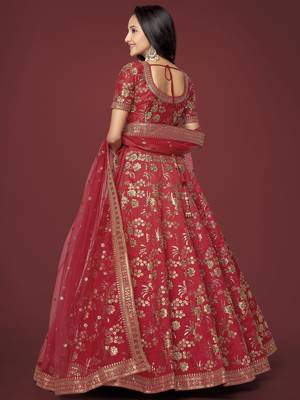 Red Dori Zari And Sequins Embroidered Thai Silk Lehenga Dress 3