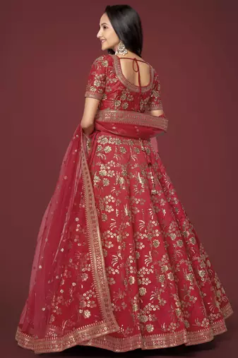 Red Dori Zari And Sequins Embroidered Thai Silk Lehenga Dress