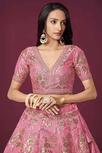 Pink Silk Sequins And Thread Embroidered Lehenga Choli Set