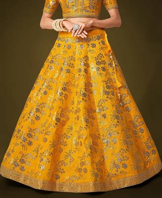Mustard Dori Zari And Sequins Embroidered Thai Silk Wedding Lehenga For Bride 6