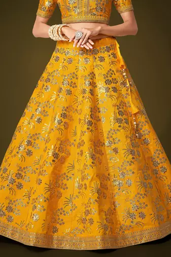 Mustard Dori Zari And Sequins Embroidered Thai Silk Wedding Lehenga For Bride