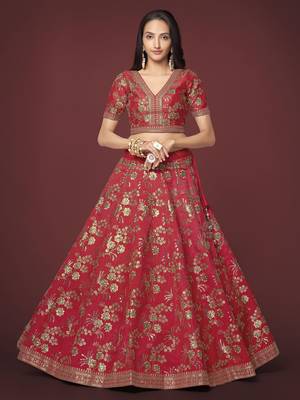 Red Dori Zari And Sequins Embroidered Thai Silk Lehenga Dress 4