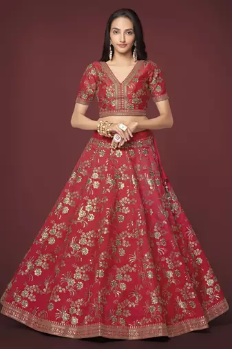 Red Dori Zari And Sequins Embroidered Thai Silk Lehenga Dress