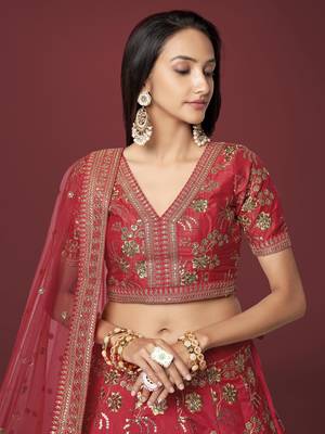 Red Dori Zari And Sequins Embroidered Thai Silk Lehenga Dress 5