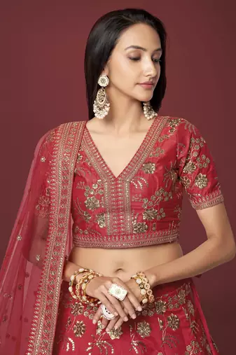 Red Dori Zari And Sequins Embroidered Thai Silk Lehenga Dress