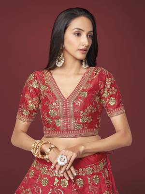 Red Dori Zari And Sequins Embroidered Thai Silk Lehenga Dress 6