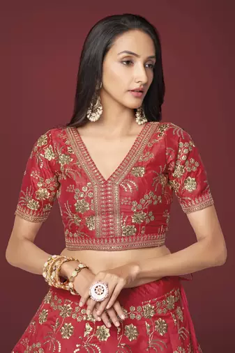 Red Dori Zari And Sequins Embroidered Thai Silk Lehenga Dress