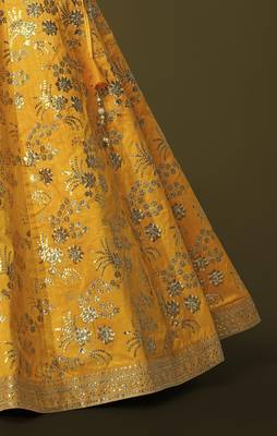 Mustard Dori Zari And Sequins Embroidered Thai Silk Wedding Lehenga For Bride 8