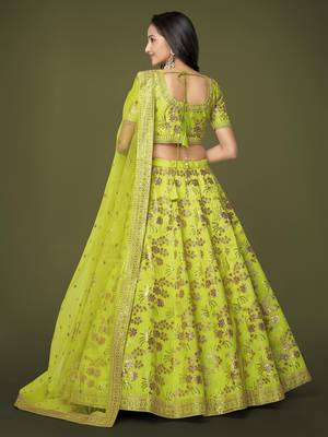 Seductive Neon Green Dori Zari And Sequins Embroidered Silk Indian Lehenga Choli Dress 5