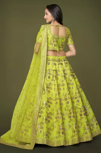 Seductive Neon Green Dori Zari And Sequins Embroidered Silk Indian Lehenga Choli Dress